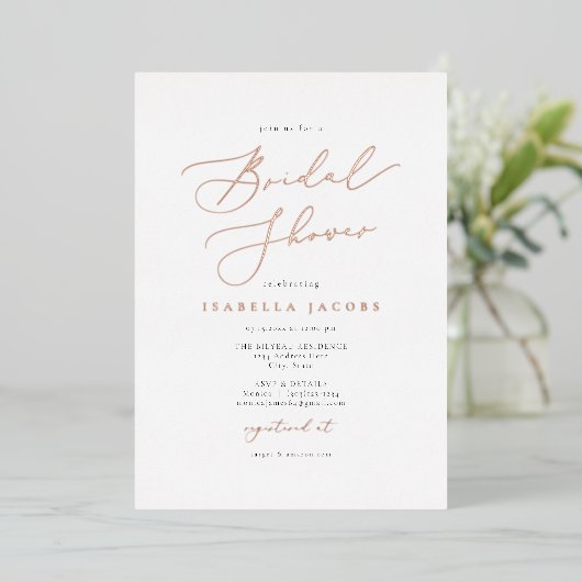 EVELYN Elegant Script Roos Gold Foil Vrijgezellenf Folie Uitnodiging (Staand Voorkant)