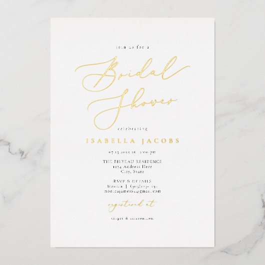EVELYN Elegant Script Simple Gold Vrijgezellenfees Folie Uitnodiging (Voorkant)