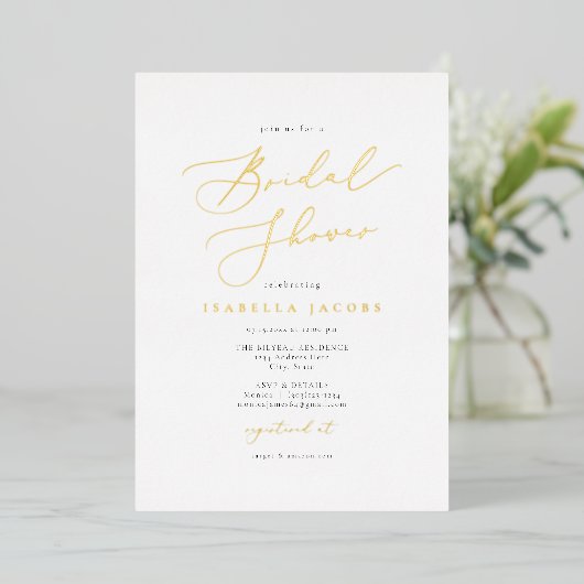 EVELYN Elegant Script Simple Gold Vrijgezellenfees Folie Uitnodiging (Staand Voorkant)
