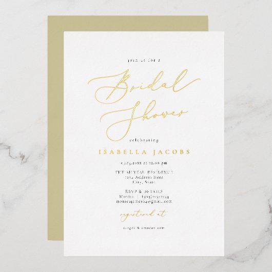 EVELYN Elegant Script Simple Gold Vrijgezellenfees Folie Uitnodiging (Voorkant / Achterkant)