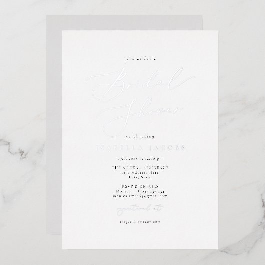 EVELYN Elegant Script Simple Silver Vrijgezellenfe Folie Uitnodiging (Voorkant / Achterkant)