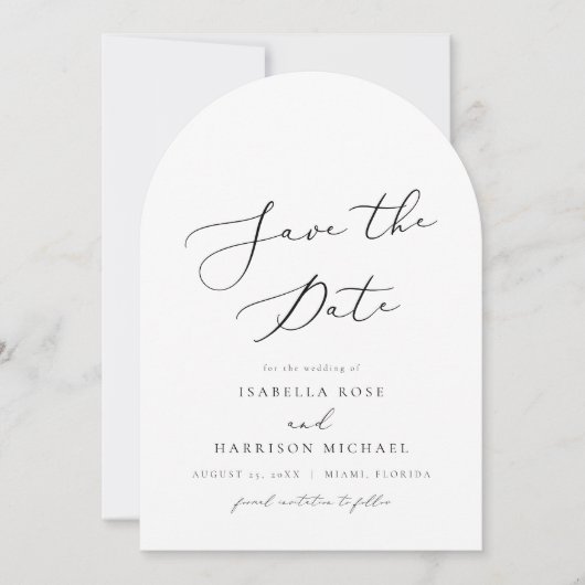 EVELYN Modern Script Arched Save the Date Kaart (Voorkant)