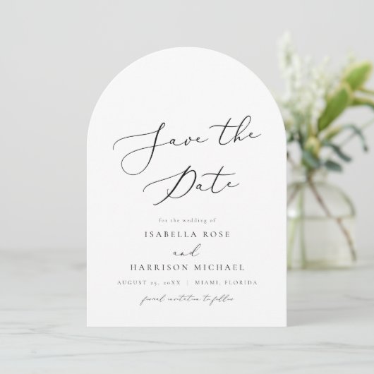 EVELYN Modern Script Arched Save the Date Kaart (Staand voorkant)