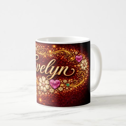Evelyn Mug Pink Hearts Gold Script Romantic Gift Koffiemok (Voorkant rechts)
