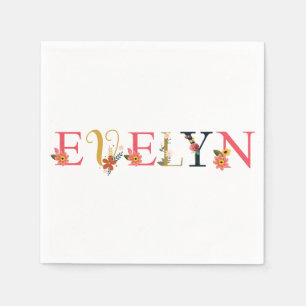 EVELYN naam kunst met bloemen geborduurd Servet