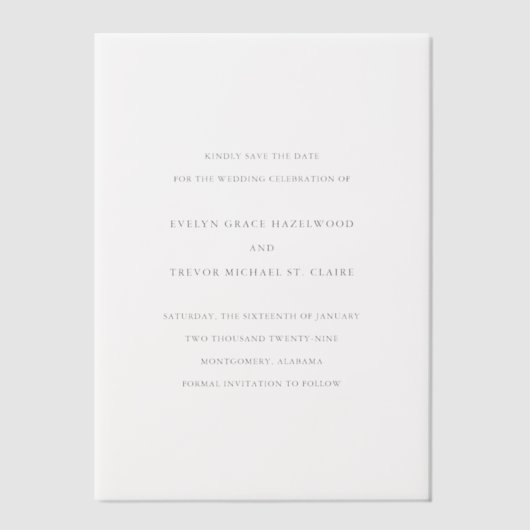 Evelyn Simple Elegant Wedding Save the Date Vellum Uitnodigingen (Voorkant)
