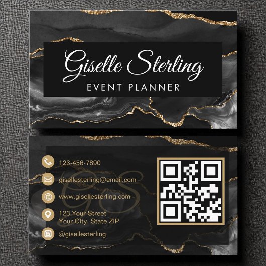 Evenementenplanner QR Code Black Gold Agate Luxury Visitekaartje