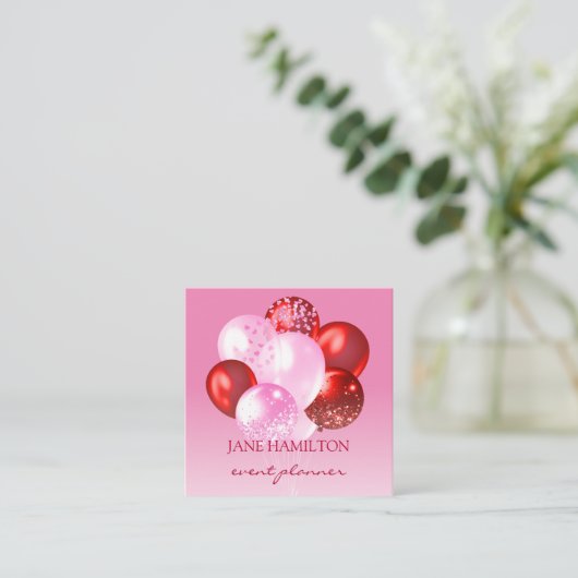 Evenementenplanner Roze Rode Ballonnen Vierkante Visitekaartje (Staand voorkant)