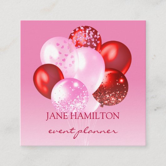 Evenementenplanner Roze Rode Ballonnen Vierkante Visitekaartje (Voorkant)