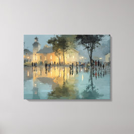 Evening Church Square Rain Reflections Canvas Afdruk