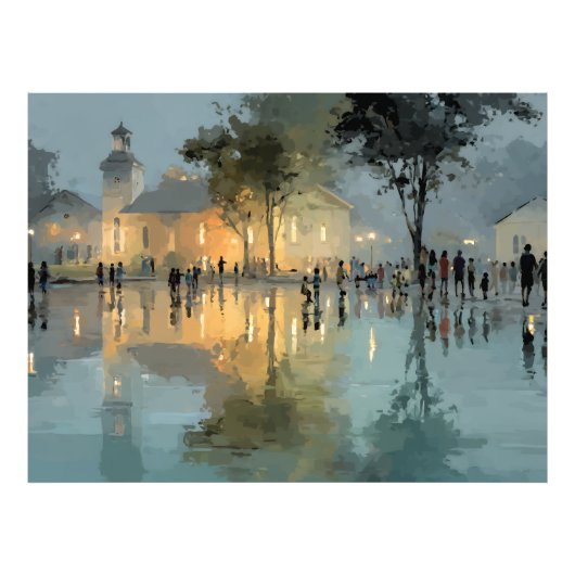 Evening Church Square Rain Reflections Foto Afdruk (Voorkant)