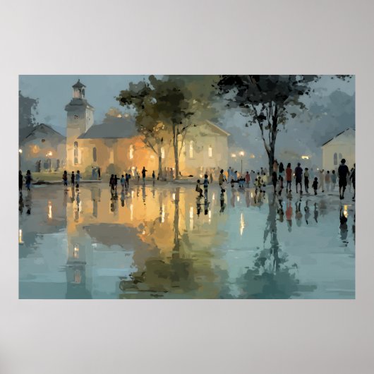 Evening Church Square Rain Reflections Poster (Voorkant)