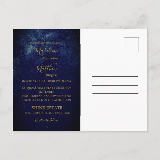 Evening Gold Stars Blue Astral Weddenschap Briefkaart (Achterkant)