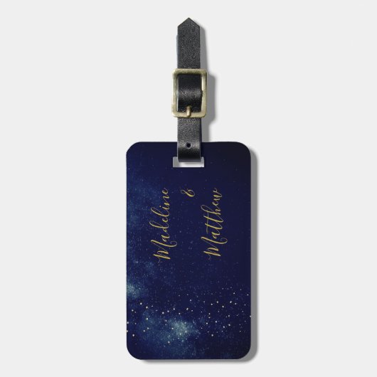 Evening Sky Astral Gold Stars Blue Wedding Bagagelabel (Voorkant verticaal)