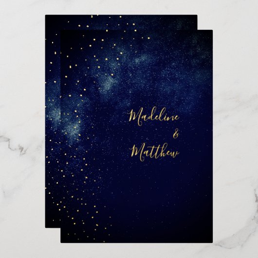 Evening Sky Astral Gold Stars Blue Wedding Folie Uitnodiging (Voorkant / Achterkant)