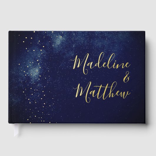 Evening Sky Moon Gold Stars Blue Wedding Gastenboek (Voorkant)