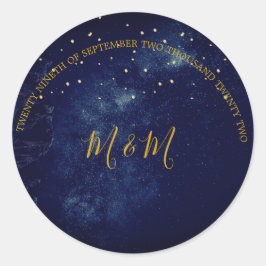 Evening Sky Moon Gold Stars Blue Wedding Ronde Sticker