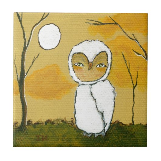 Evening Stroll, Whimsical Woodland White Owl Art Tegeltje (Voorkant)
