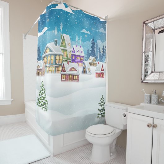 Evening winter village landscape with snow covered douchegordijn (In situ)