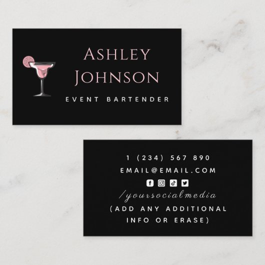 Event Bartender Glamoureuze Cocktail Drink Zwart Visitekaartje (Voorkant / Achterkant)