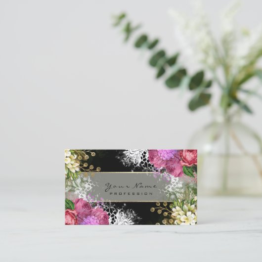 Event Floral Red Roses roze Green Gold Black Visitekaartje (Staand voorkant)