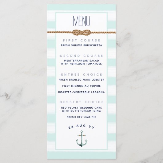 Event Mint & White Striped ⚓Nautische Knoop Trouwe Menu (Voorkant)
