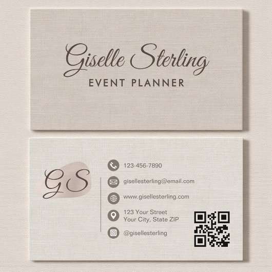 Event Planner Beige Linen Modern Elegant QR Code Visitekaartje