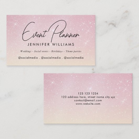 Event Planner Elegant Roos Gold Pink Glitter Visitekaartje (Voorkant / Achterkant)
