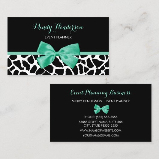 Event Planner  Giraffe Print Mint Green Bow Visitekaartje (Voorkant / Achterkant)