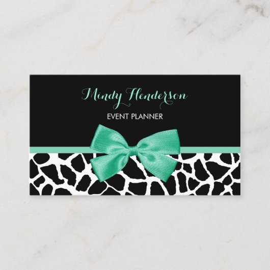 Event Planner  Giraffe Print Mint Green Bow Visitekaartje (Voorkant)