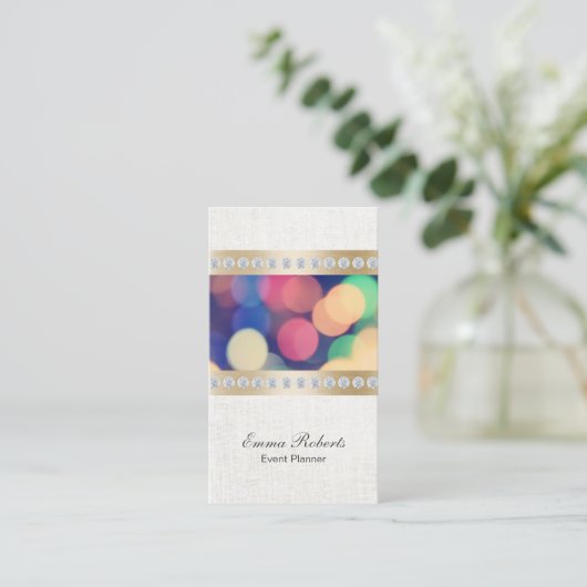 Event Planner Gold & Diamond Stripes Classy Linnen Visitekaartje (Staand voorkant)