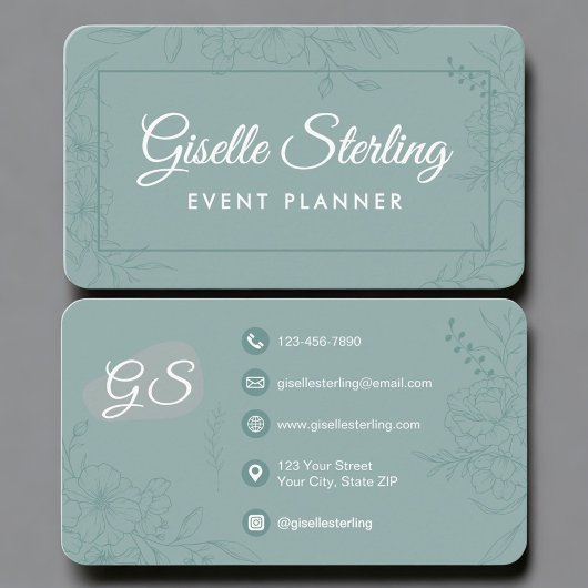 Event Planner Green Teal Floral Visitekaartje