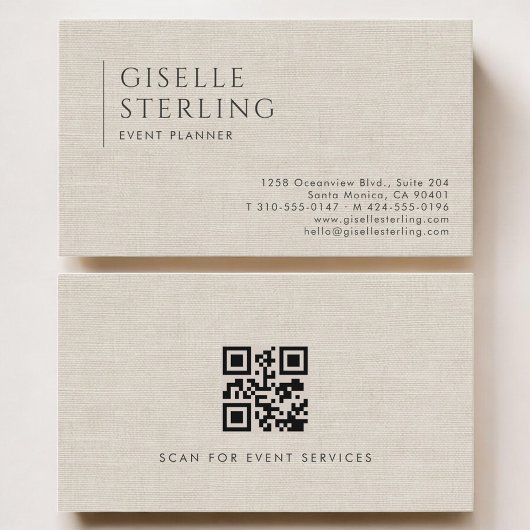 Event Planner Luxury Neutral Linen QR Code Visitekaartje