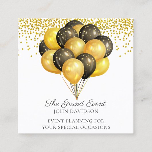 Event Planner Modern Gold Black Balloons Glitter B Vierkante Visitekaartje (Voorkant)