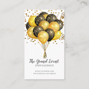Event Planner Modern Gold Black Balloons Glitter Visitekaartje