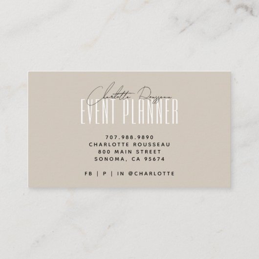 Event Planner Modern Typografie Script Beige Visitekaartje (Achterkant)