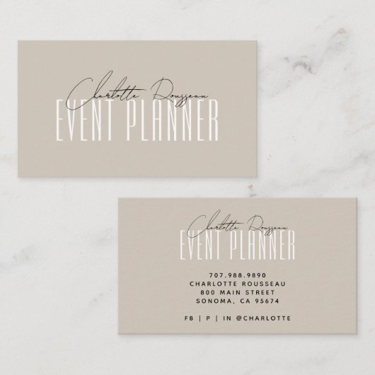 Event Planner Modern Typografie Script Beige Visitekaartje (Voorkant / Achterkant)
