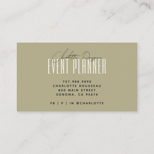 Event Planner Modern Typografie Script Sage Green Visitekaartje (Achterkant)