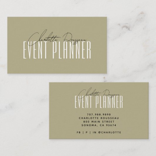 Event Planner Modern Typografie Script Sage Green Visitekaartje (Voorkant / Achterkant)