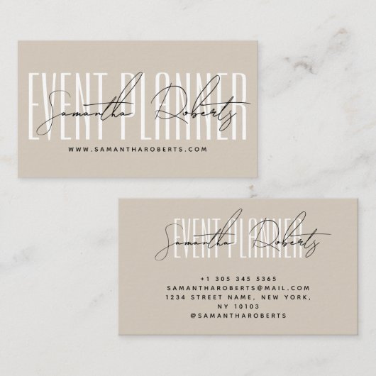 Event planner modern typography script beige visitekaartje (Voorkant / Achterkant)