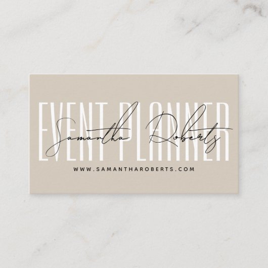 Event planner modern typography script beige visitekaartje (Voorkant)