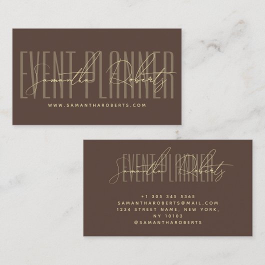 Event planner modern typography script brown visitekaartje (Voorkant / Achterkant)