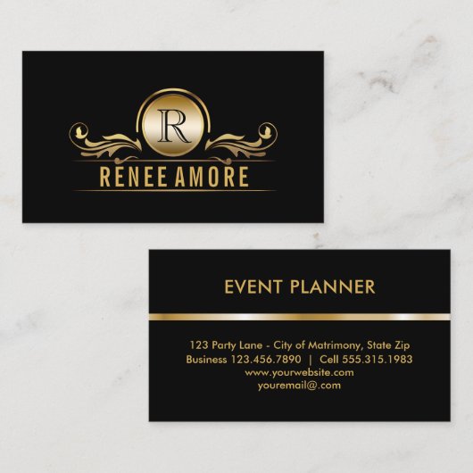 Event Planner | Monogram Elegant Gold Black Visitekaartje (Voorkant / Achterkant)
