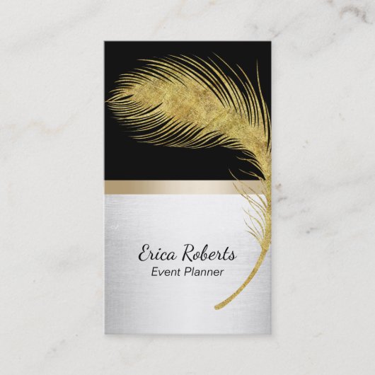 Event Planner Peacock Feather Modern Black & Gold Visitekaartje (Voorkant)