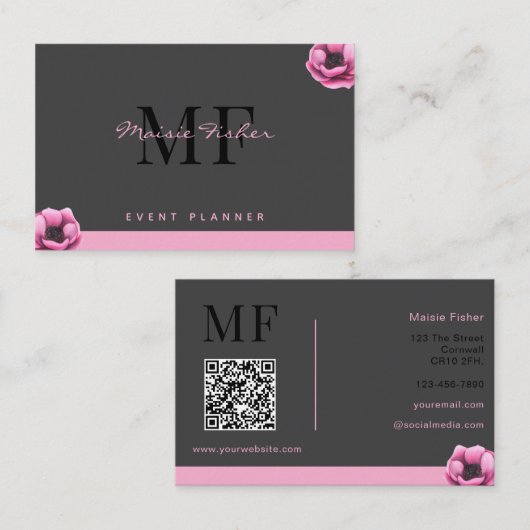 Event Planner QR Code Monogram Custom Modern Visitekaartje (Voorkant / Achterkant)