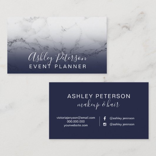 Event planner typography marble navy blue visitekaartje (Voorkant / Achterkant)
