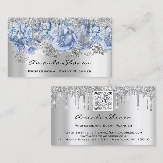 Event Planner Wedding SilverBlue Drip Logo QRCode Visitekaartje (Voorkant / Achterkant)