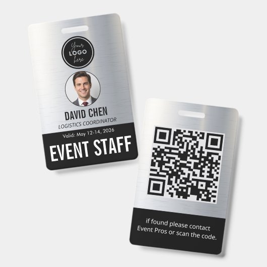 Event Staff ID Badge - Metallic Silver Black (Voor- en achterkant)
