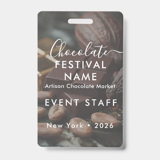 Event Staff Photo Qr Code Chocolate Festival Name Badge (Front)