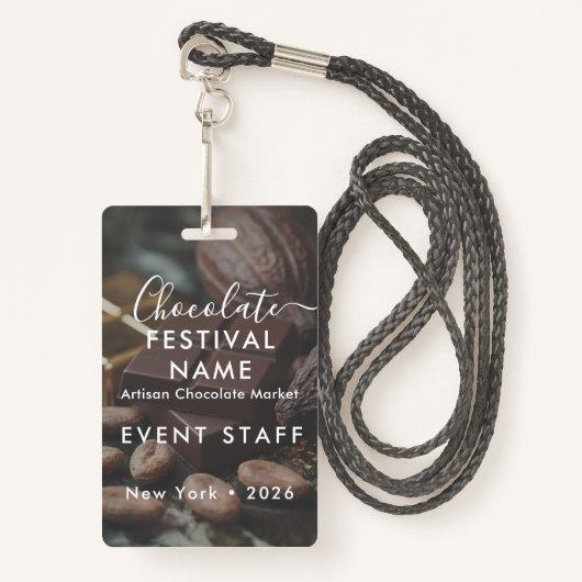 Event Staff Photo Qr Code Chocolate Festival Name Badge (Voorkant met draagriem)